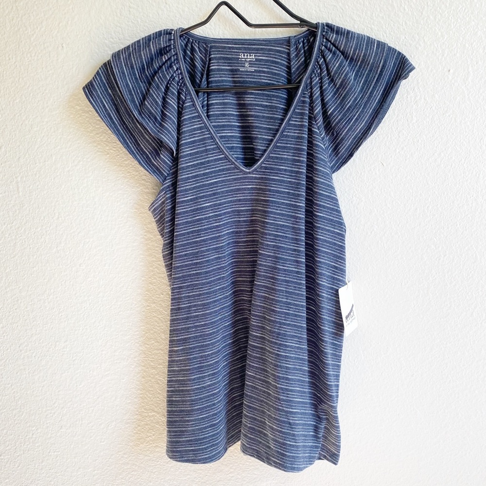 NWT a.n.a Blue White Stripe Flutter Sleeve V Neck Blouse Size Extra Small